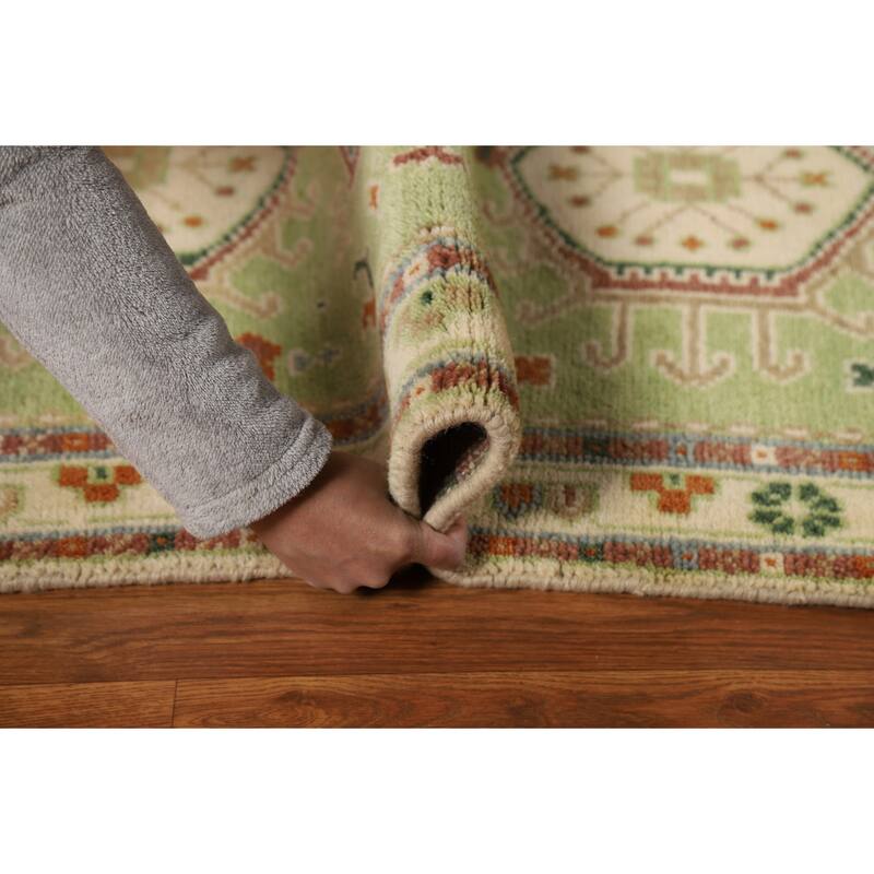 Light Green Geometric Khotan Indian Foyer Rug Hand-Knotted Wool Carpet - 2'11"x 5'0"