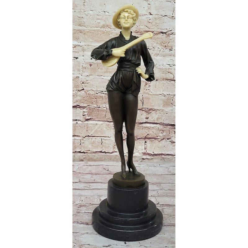 Hot Cast Bronze Mandolin Guitar Player Sculpture Figure W/ Resin Highlights