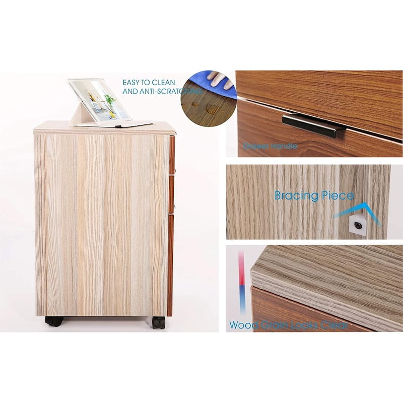 JJS 3 Drawer Rolling Wood File Cabinet with Locking Wheels for A4 or Letter Size