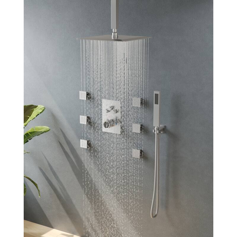 Shower System 12" Ceiling Rain Shower Head with 3-Way Thermostatic Faucet & Body Jets
