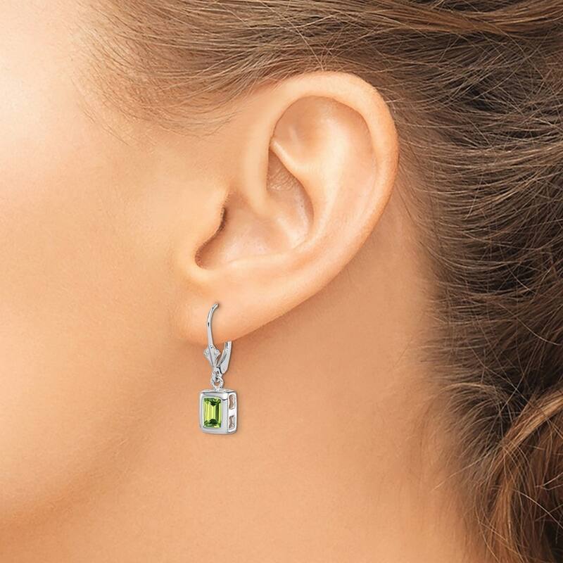 Curata Sterling Silver Bezel Emerald-cut Peridot Leverback Earrings 25x7mm