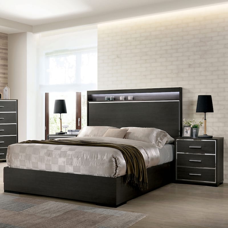 Furniture of America Kastela Contemporary Grey 2-Piece Panel Bed and Nightstand Set with LED and USB Ports - King