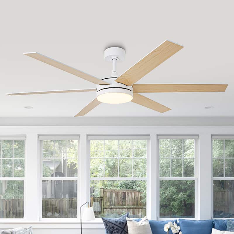 Vaczon 60-in White Wooden Reversible Large Coastal Smart Ceiling Fan with Light and APP Control