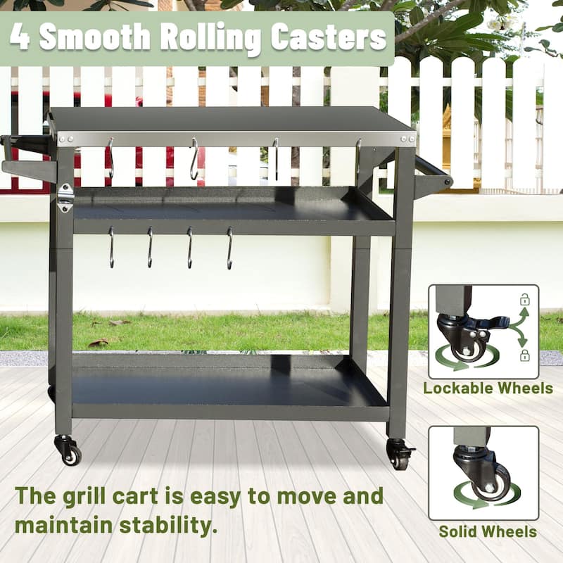 GDFStudio - Kendrick 3-Tier Outdoor Grill Table with Rolling Wheels and Multifunctional Prep Surface
