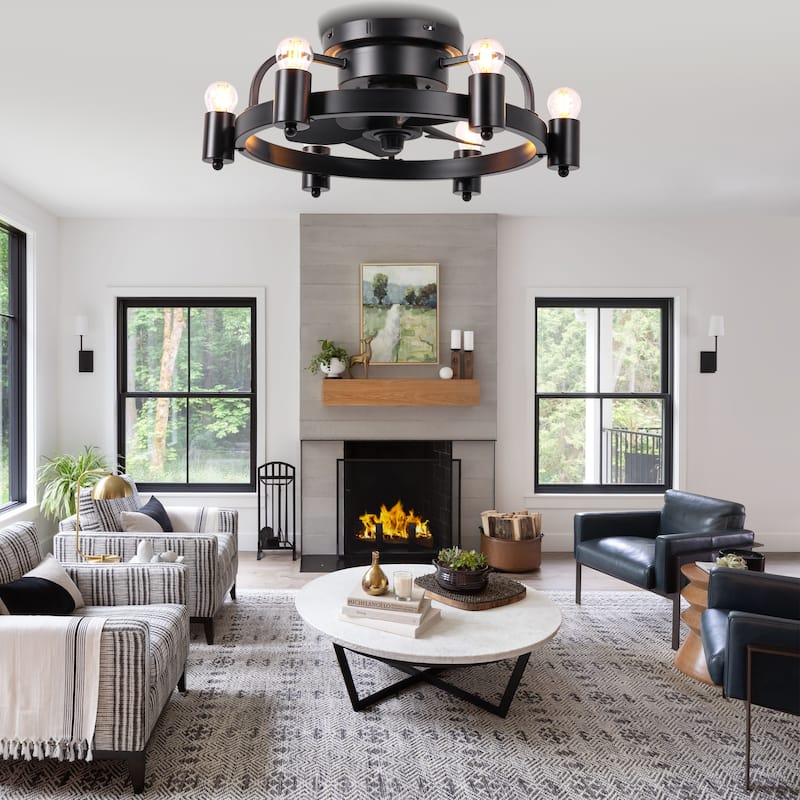 Cusp Barn 20 Inch Black Low Profile Flush Mount Ceiling Fan with Light and Remote, Industrial 6 Speeds DC Motor Ceiling Fan