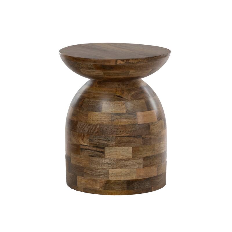 Mango Wood Round Side Table - 16" Accent Table with Patchwork Tile Design - Natural Finish, Assembled
