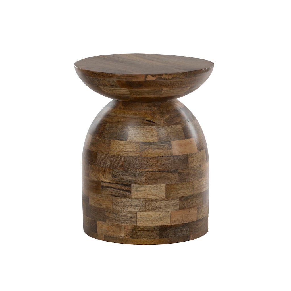 Mango Wood Round Side Table - 16" Accent Table with Patchwork Tile Design - Natural Finish, Assembled