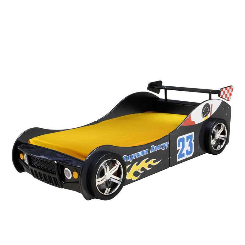 Twin Size Race Car Bed with LED Lights and Guardrail Solid MDF Frame