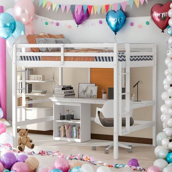 slide 2 of 9, Full size Loft Bed With Desk and Writing Board,2 Drawers Cabinet for Home White