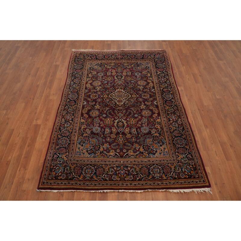 Hand Knotted Oriental 100% Wool Carpet Traditional Floral Red Kashan (Dabir) Area Rug - 6' 6'' X 4' 4''