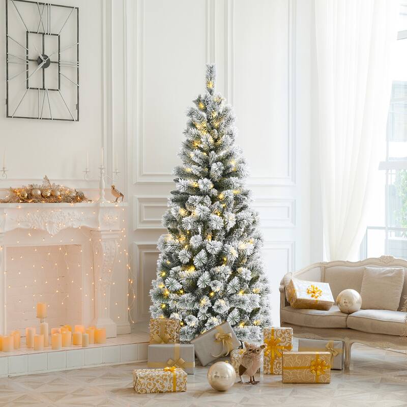 Gymax 5/6/7.5/8 ft Pre-lit Snow Flocked Artificial Christmas Tree w/