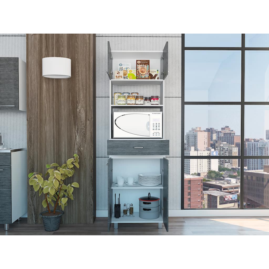 Pembrooke 2-Shelf 1-Drawer Microwave Pantry Cabinet Smokey Oak and White