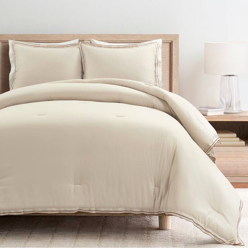 Lush Decor Hampton Double Flange Embroidered Contrast Edge Comforter 3 Pieces Set - Neutral/Copper - Queen