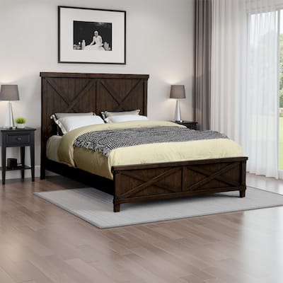 California King Bed with Plank Style X Shaped Details, Dark Brown