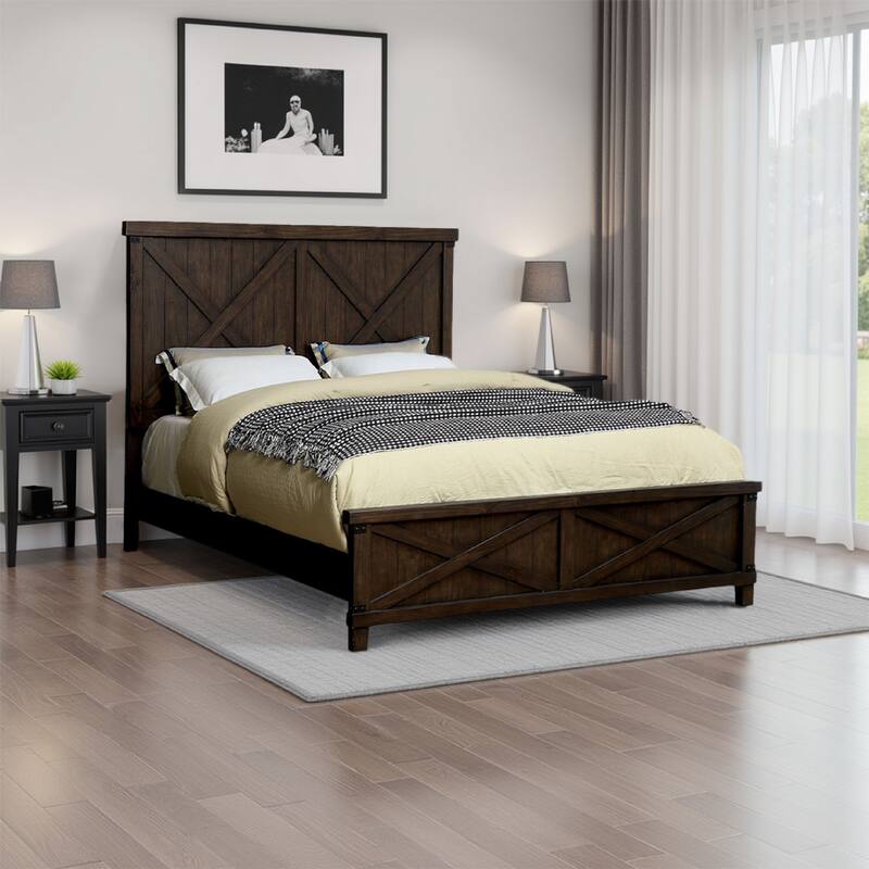California King Bed with Plank Style X Shaped Details, Dark Brown