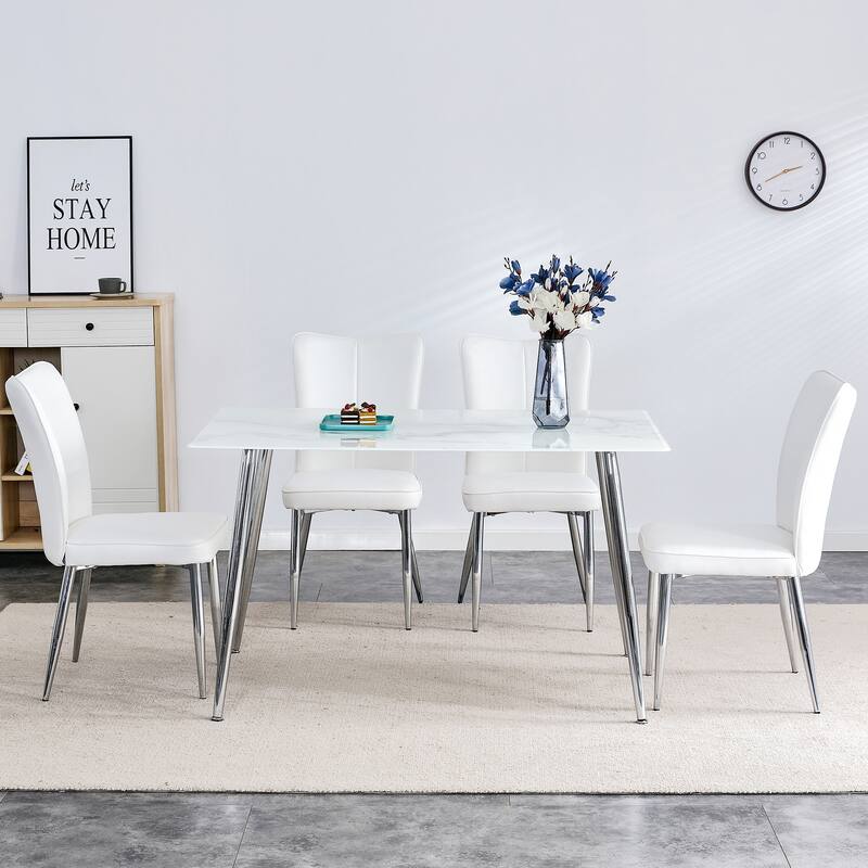 1 table with 4 white PU chairs.white imitation marble dining table,with