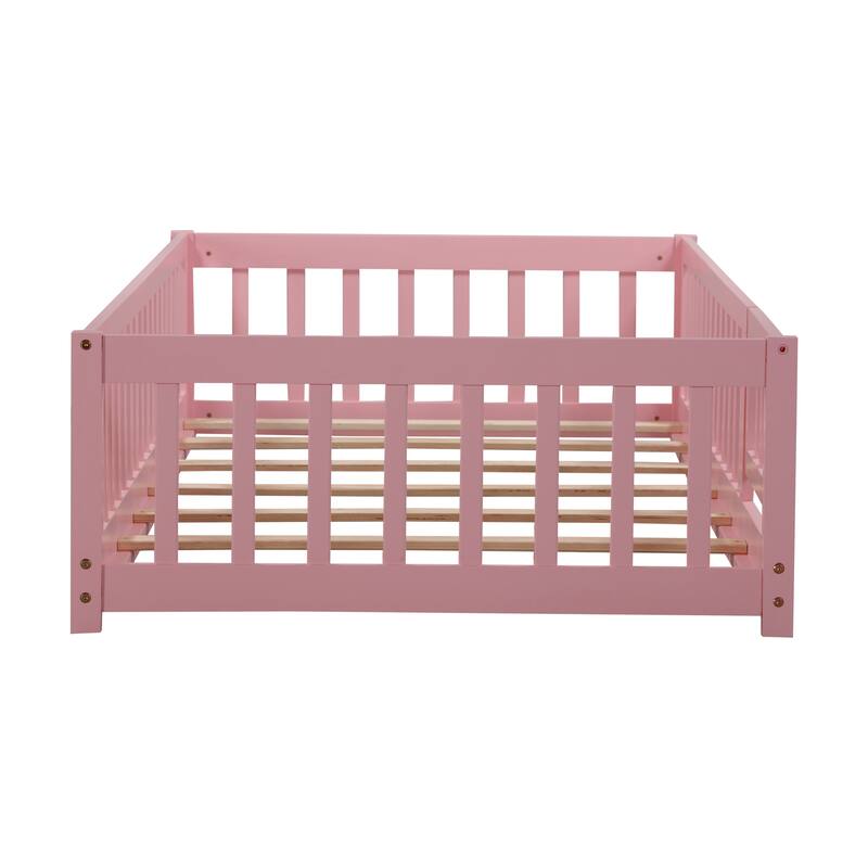 Floor Bed with Fence,Door and Safety Guardrails,Perfect for Kids' Play,Sleep and Development