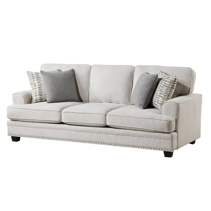 Brady Sofa with 4 Pillows, Sand Brown Chenille, Nailhead Trim, 92 Inch