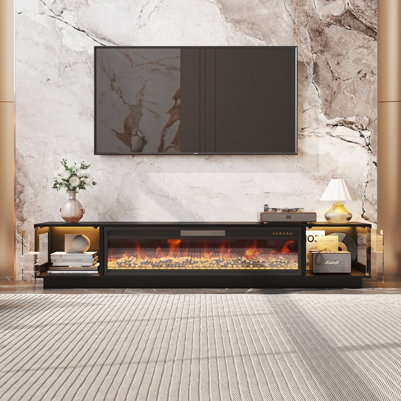 Modern Black Fireplace TV Stand Combo,Remote Fireplace Heater,2 Drawers,Light Strip & USB