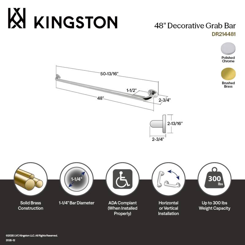 Kingston Brass Milano 48-Inch x 1-1/4 Inch O.D Grab Bar