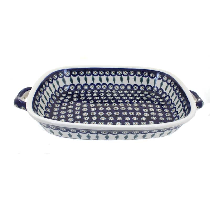 Blue Rose Polish Pottery 1345 Zaklady Large Baker with Handles - Peacock