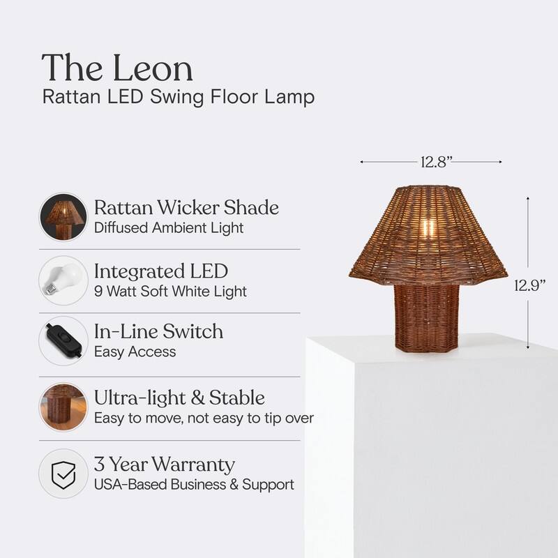 Brightech Leon 13 in. Woven Beige Rattan Mid-Century Coastal LED Bedside Nightstand Desk Lamp with Matching Woven Empire Shade