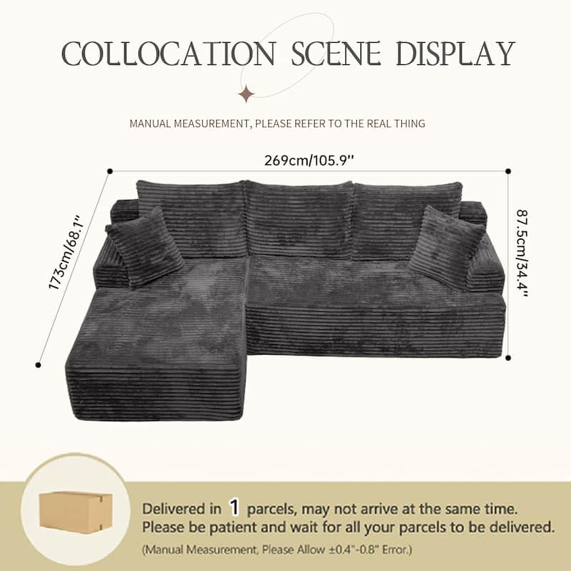 L-Shaped Corner Sectional Sofa Set with Side Chaise Lounge, Soft Foam Cushion Modular Sofa Corduroy Leisure Couch