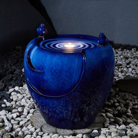 Glitzhome 20-Inch Red/ Blue Two Birds Embossed Pattern LED Ceramic Pot Fountain