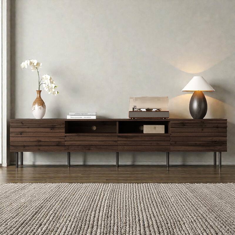 78.7" Modern Walnut TV Stand for TVs up to 85 Inch, Entertainment Center with Slatted Doors, Soft-Close Hinges