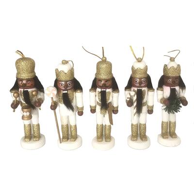 Set of 5 White and Gold Glitter Nutcracker Christmas Ornaments 5"