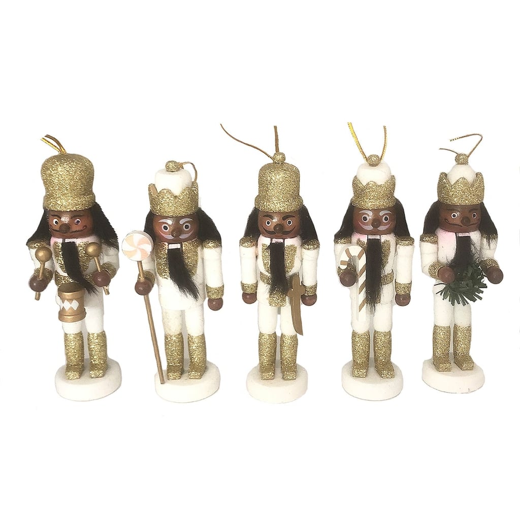 Set of 5 White and Gold Glitter Nutcracker Christmas Ornaments 5"