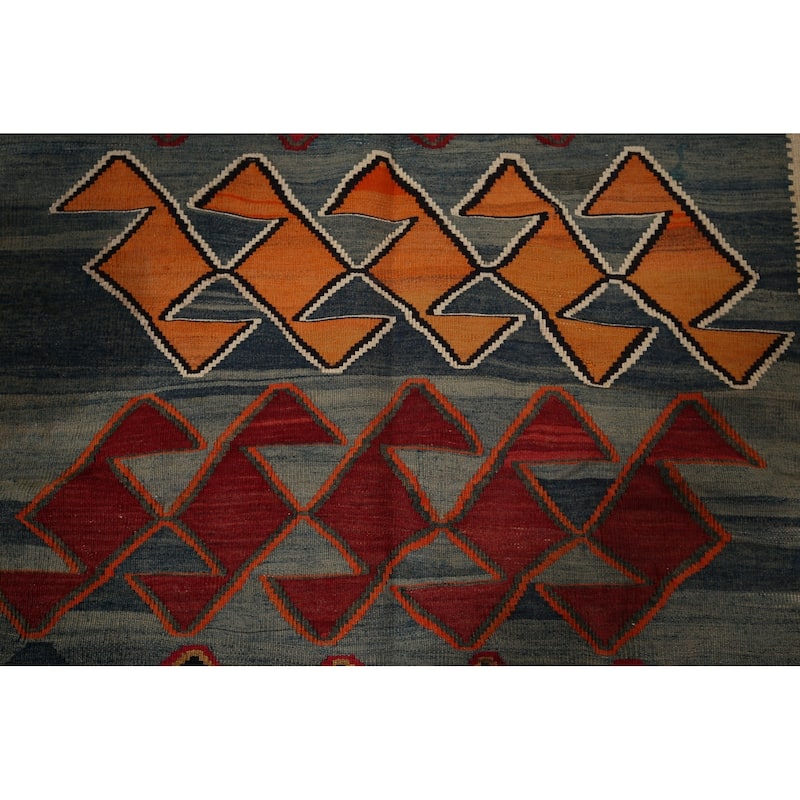 Kilim Qashqai Persian Vintage Rug Hand-Woven Blue Wool Carpet - 4'9"x 8'9"