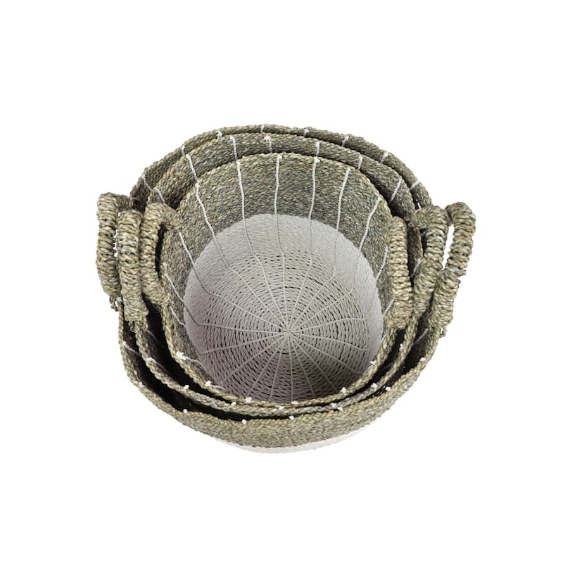 Seagrass Handmade Two Toned Storage Basket with Handles - Set of 3 White - Roche River Decor