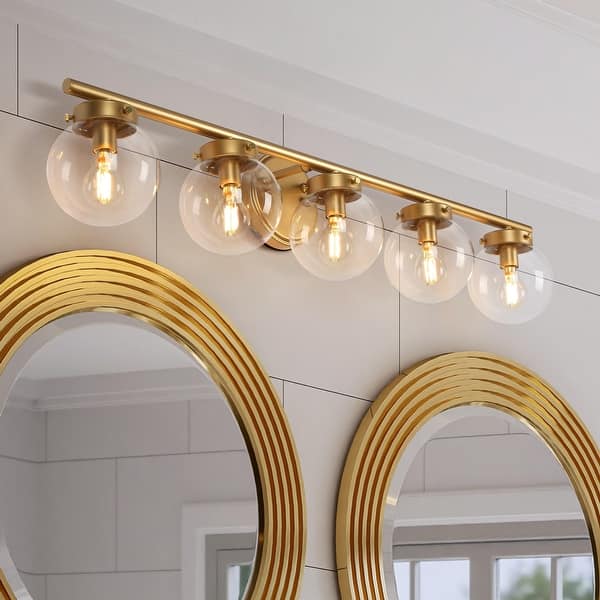 Rella Modern Gold 5Light Bathroom Vanity Lights Dimmable Globe Glass Wall Sconces L 34.2" x D