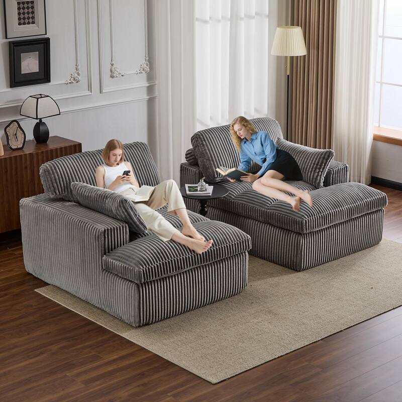 Double Chaise Lounge Chair, Oversized Upholstered Sleeper Cloud Couch, Grey Corduroy, No Assembly Required