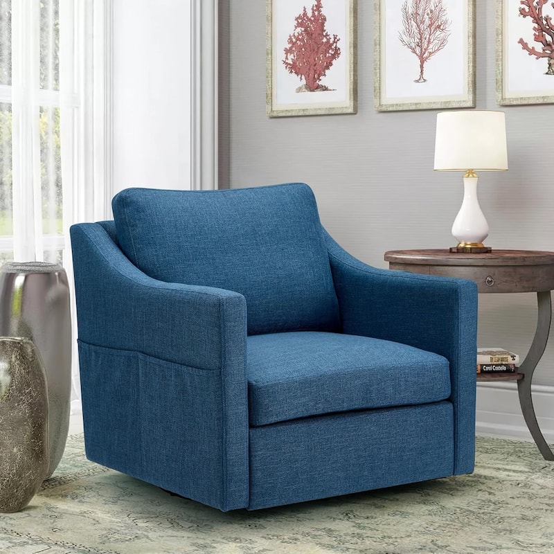 Swivel Accent Chair - Modern Linen Armchair with Removable Cover for Living Room & Reception - Blue