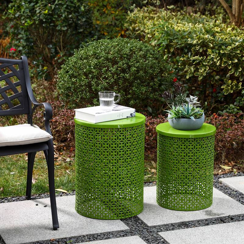 Glitzhome Set of 2 19.25"H & 16.5"H Multi-functional Metal Outdoor Table Garden Stool