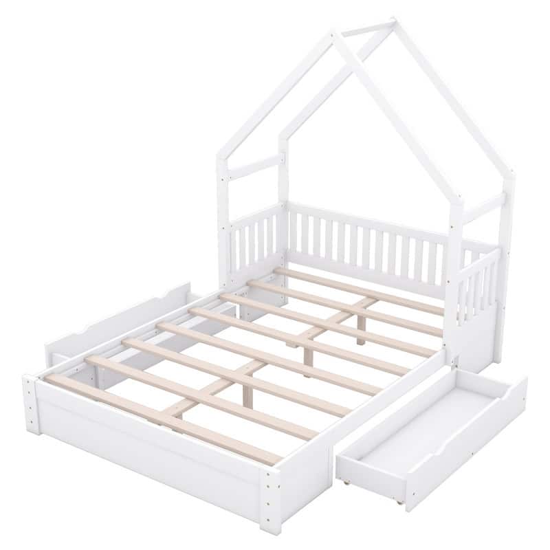 Queen Size House Shape Platform Bed Frame Safety Guardrail Storage Drawers Kids Bed