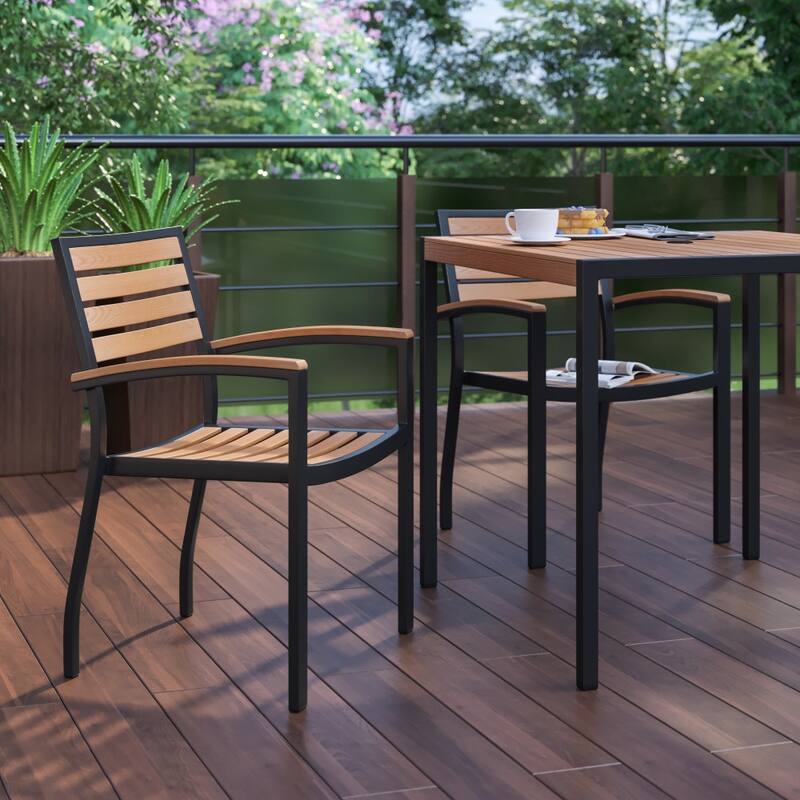 Set of 2 Stackable All-Weather Aluminum Patio Chairs with Faux Teak Slats - Teak