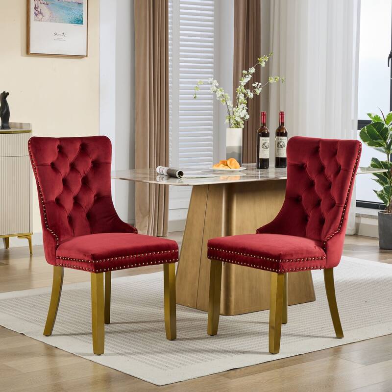 Velvet Dining Chairs Set of 2, Tufted Dining Chairs with Nailhead Trim, Kitchen Chairs with Lion Head Pulls Ring & Wooden Legs
