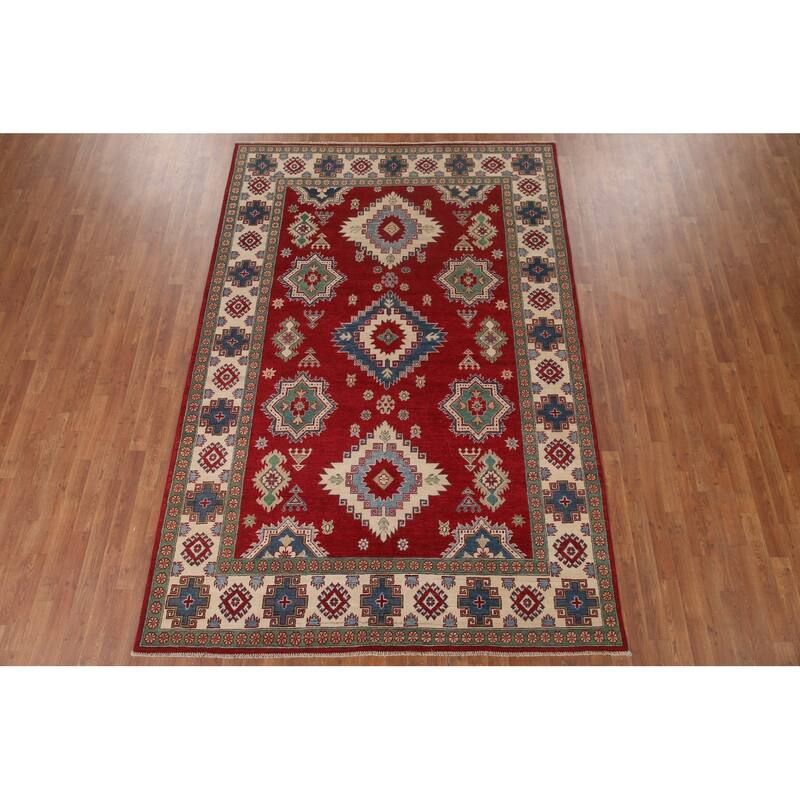 Hand Knotted Oriental 100% Wool Carpet Traditional Geometric Red Kazak Area Rug - 9' 10'' X 6' 8''