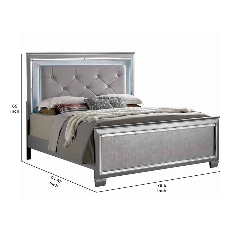 Textured California King Size Bed with Silver Trim Accents, Beige