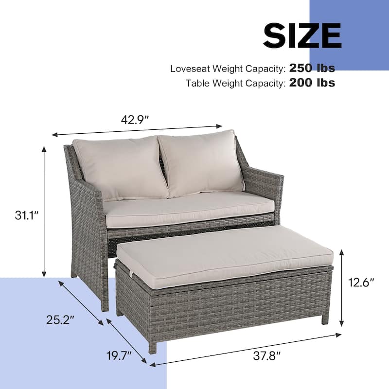 2-Piece Outdoor Patio Furniture Wicker Loveseat and Storage Ottoman