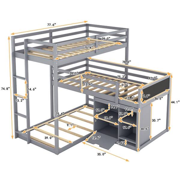 dimension image slide 1 of 2, L-Shaped Wood Triple Twin Size Bunk Bed with Storage Cabinet and Blackboard, Ladder, Space Saving Design/No Box Spring Required