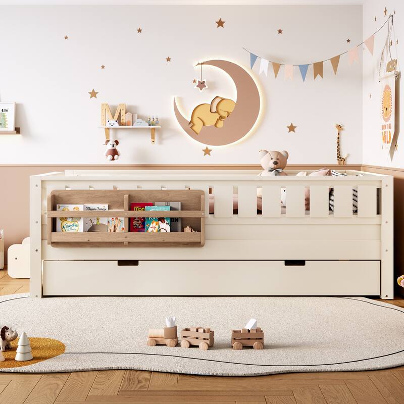 Full/Twin Loft Bed with Bookshelves, Safety Stairs & Trundle