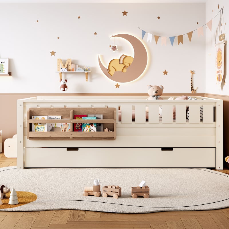 Roomfitters Floor Bed with Bookshelf and Trundle, Low Profile Frame with Step Entry