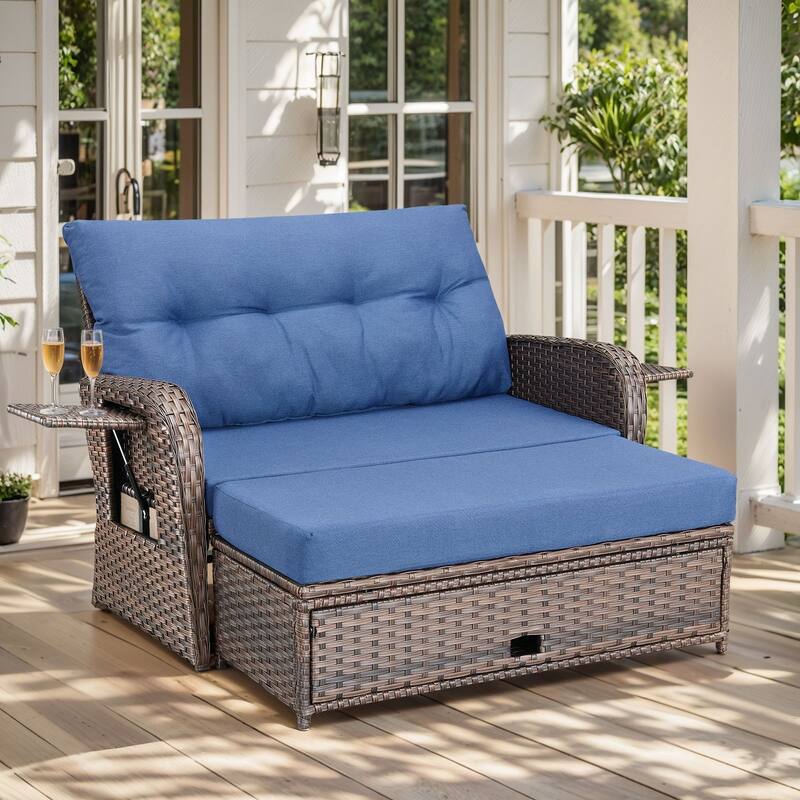 Outdoor Rattan Lounge Chair with Footrest for Backyard - Brown - Blue