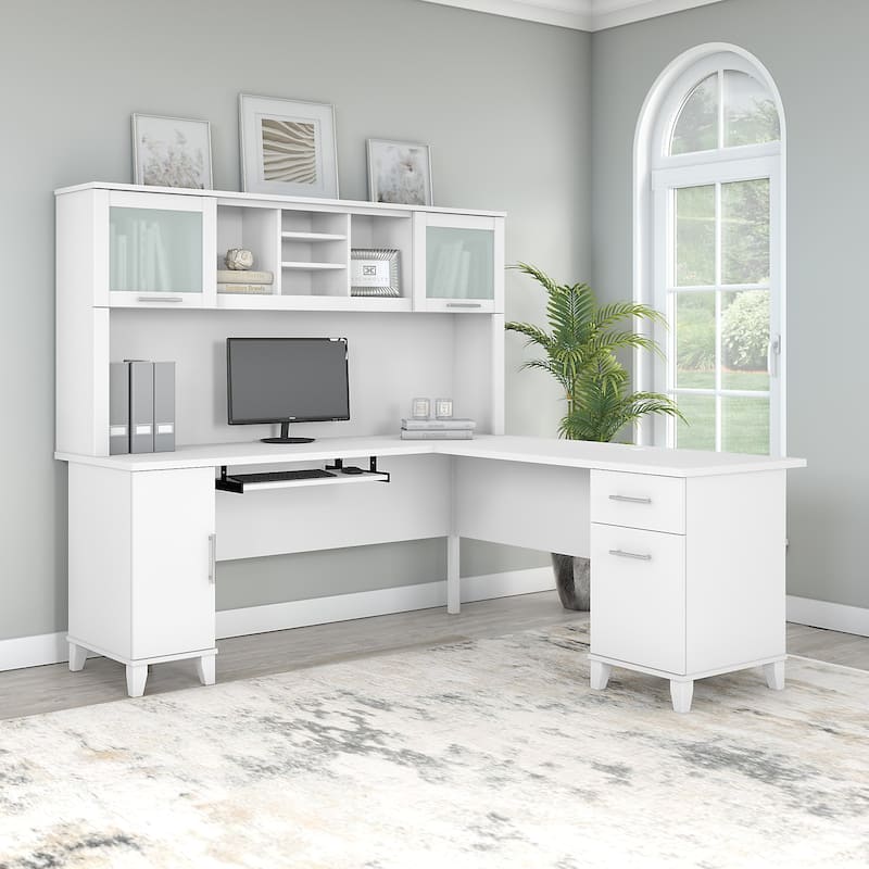 Bush Furniture Somerset 72W L Shaped Desk with Storage Hutch - White