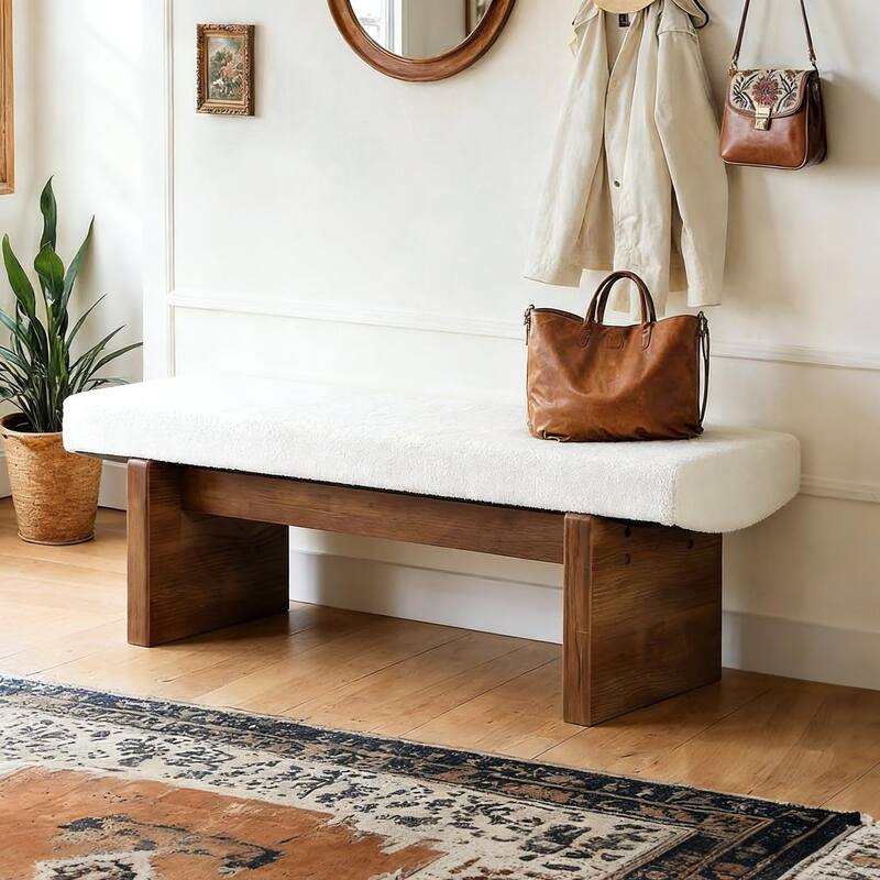 55" Solid Wood Entryway Bench, Upholstered Bedroom Bench