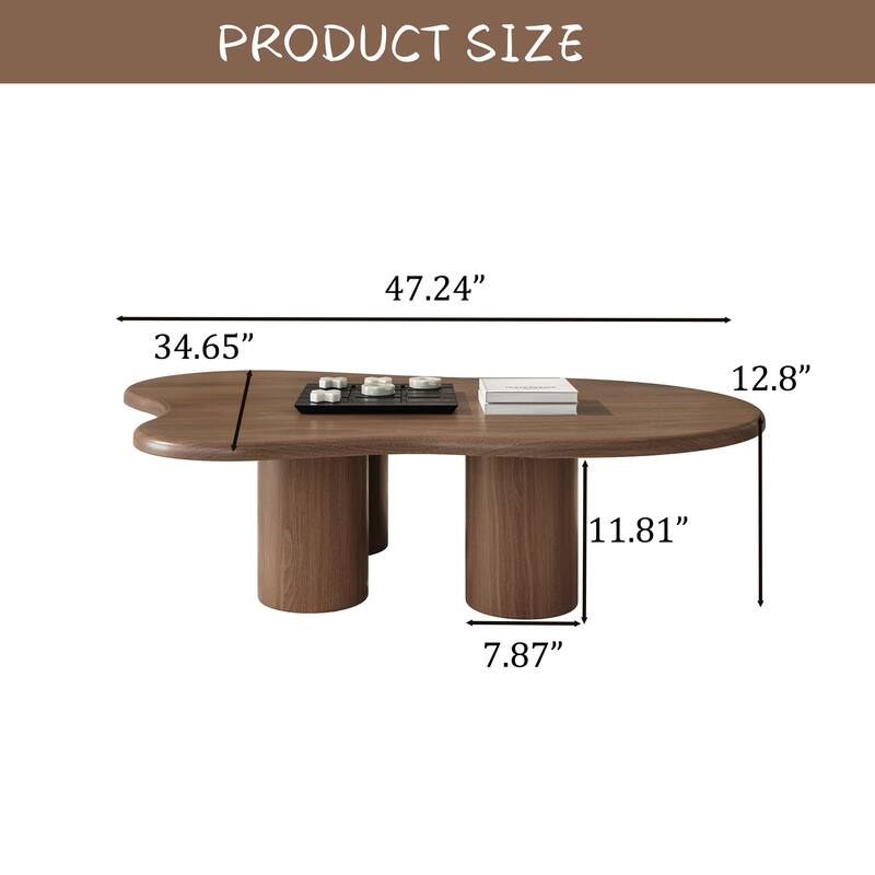 47.24" Mid Century Coffee Table, Solid Wood Texture with Could Shaped, Brown